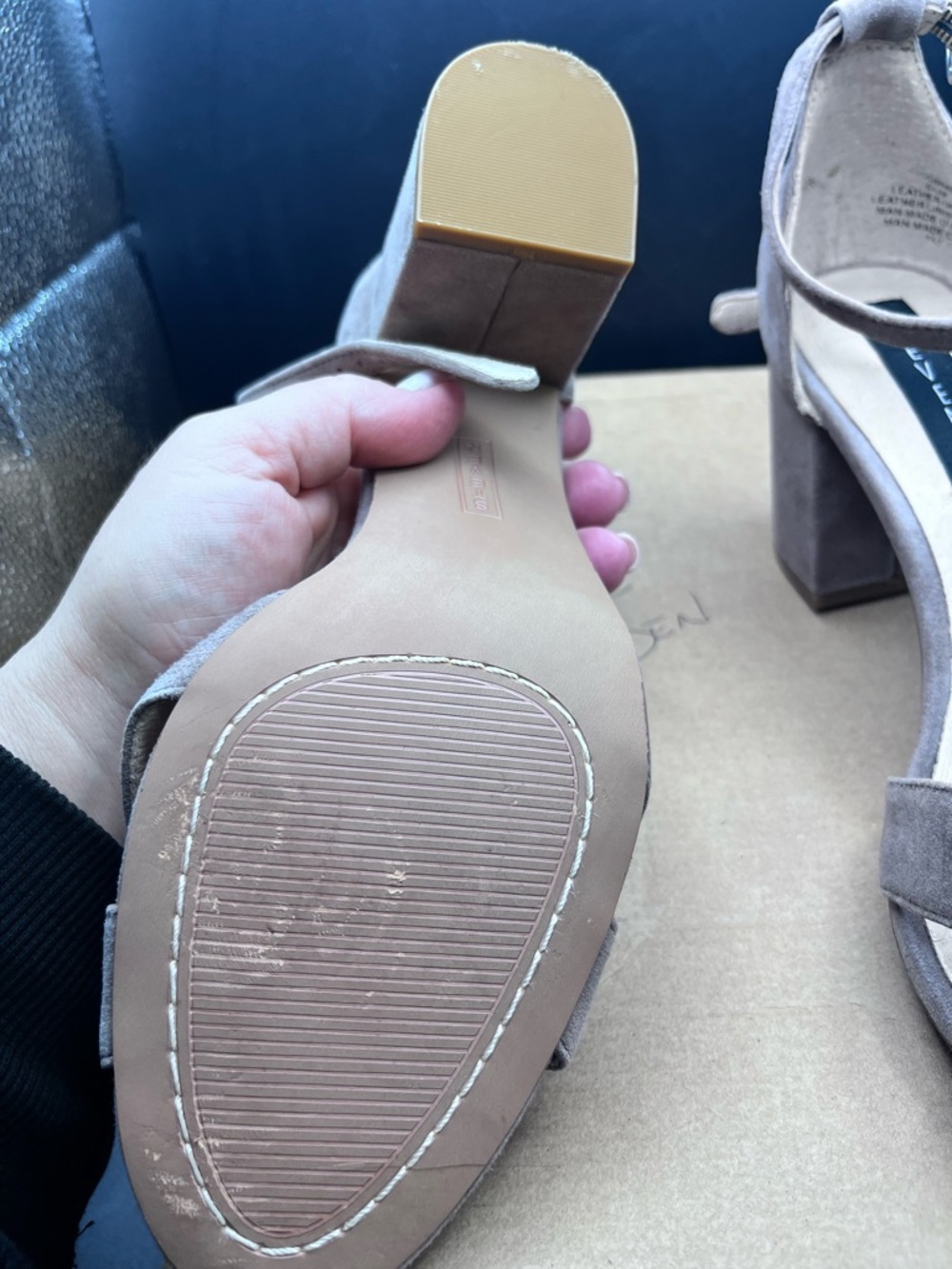 Steve Madden Taupe Suede Block Heel Sandals with Ankle Strap - Picture 4 of 6